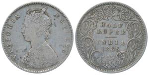 Victoria Empress, Silver ½ Rupee, 1886, Calcutta Mint, A / I / C incuse, (Prid 270). About