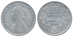Victoria Empress, Silver ½ Rupee, 1888, Calcutta Mint, A / I / C incuse, (Prid 271). Fine.