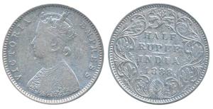 Victoria Empress, Silver ½ Rupee, 1888, Bombay Mint, A / II / B raised, (Prid 298). Fine.