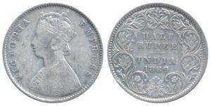 Victoria Empress, Silver ½ Rupee, 1889, Calcutta Mint, A / I / C incuse, (Prid 273). Fine+