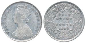 Victoria Empress, Silver ½ Rupee, 1889, Bombay Mint, A / II / B raised, (Prid 299). About 