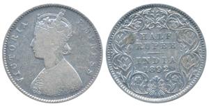 Victoria Empress, Silver ½ Rupee, 1892, Calcutta Mint, A / I / C incuse, (Prid 276). Fine.