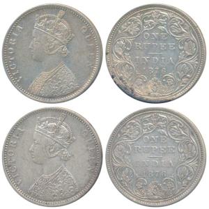 Victoria Queen, Silver Rupee, 1876, Bombay Mint, A2 / II / dot, (Prid 147); A5 / II / dot,