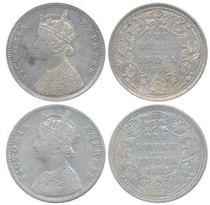 Victoria Empress, Silver Rupee, 1877, Bombay Mint, A2 / II / dot, (Prid 149); 1885, Bombay
