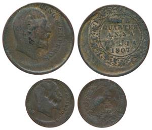 Edward VII, Copper ¼ Anna and 1/12 Anna, 20% off-centre. Very Fine. (2)