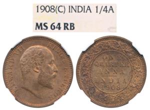Edward VII, Bronze ¼ Anna, 1908, Calcutta Mint, (Prid 653). Graded by NGC MS64RB.