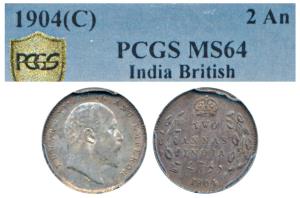 Edward VII, Silver 2 Annas, 1904, Calcutta Mint (Prid 557). Graded by PCGS MS64.