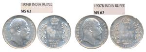 Edward VII, Silver Rupee (2), 1904 & 1907 Bombay Mint (Prid 200 and 203). Graded by NGC MS