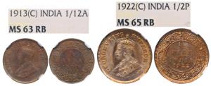 George V, Copper 1/12 Anna, 1913, Calcutta Mint (Prid 828); George V, Copper & Bronze ½ Pi