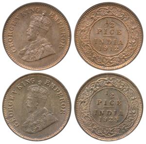 George V, Copper ½ Pice, 1912 & 1925, Calcutta Mint (Prid 745 & 758). About Uncirculated a