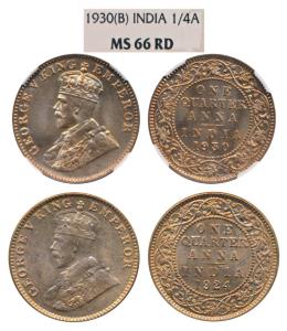 George V, Copper ¼ Anna, 1930 & 1924, Bombay Mint (Prid 682 & 677). The first graded by NG