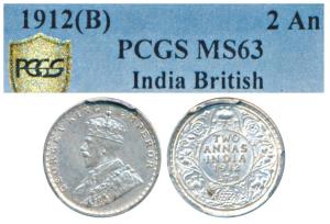 George V, Silver 2 Annas, 1912, Bombay Mint (Prid 571). Graded by PCGS MS63.