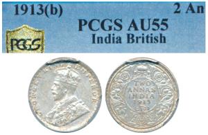 George V, Silver 2 Annas, 1913, Bombay Mint (Prid 572). Graded by PCGS AU55.