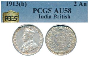 George V, Silver 2 Annas, 1913, Bombay Mint (Prid 572). Graded by PCGS AU58.