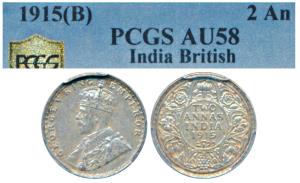 George V, Silver 2 Annas, 1915, Bombay Mint (Prid 574). Graded by PCGS AU58.