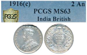 George V, Silver 2 Annas, 1916, Calcutta Mint (Prid 569). Graded by PCGS MS63.