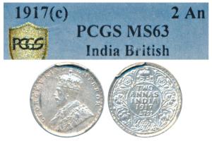 George V, Silver 2 Annas, 1917, Calcutta Mint (Prid 570). Graded by PCGS MS63.