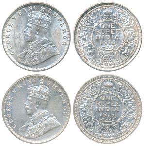 George V, Silver Rupee, 1913, Calcutta Mint (Prid 209); 1916, Bombay Mint (Prid 222). Bril