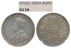 George V, Silver Rupee, 1916, Calcutta Mint, (Prid 212). Graded by NGC AU58.