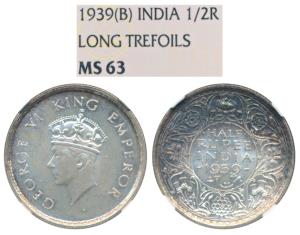 George VI, Silver ½ Rupee, 1939, Bombay Mint, Head type I, Long Trefoils (Prid 352). Grade