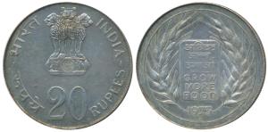 Silver Rupees 20, 1973, Grow More Food, Bombay Mint (KM 240). About Uncirculated.