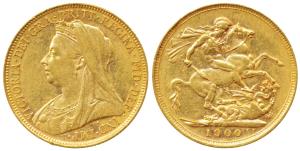 Australia, Victoria Queen, Gold Sovereign, 8g, 1900, Veiled head, ‘M’ mint mark for Melbou