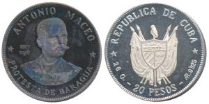 Cuba, Antonio Maceo, Silver 20 Peso, 26.0g, The Baragua Protest, 1977 (KM 40). Nice dark t