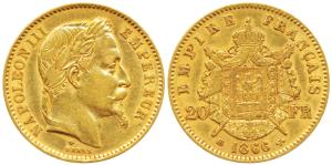 France, Napoleon III, Gold 20 Francs, 6.47g, 1866 BB, Paris Mint, obv. laureate head, rev.