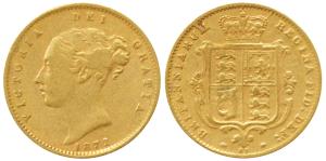 Great Britain, Victoria, Gold ½ Sovereign, 4g, 1872, Young head, rev. Shield, No. 85 at bo