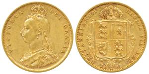 Great Britain, Victoria, Gold ½ Sovereign, 4g, 1893, Jubilee head, rev. Shield (KM 766). V