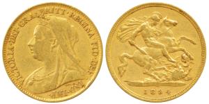 Great Britain, Victoria, Gold ½ Sovereign, 4g, 1894, veiled head bust, rev. St. George sla