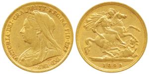 Great Britain, Victoria, Gold ½ Sovereign, 4g, 1899, veiled head, rev. St. George slaying 