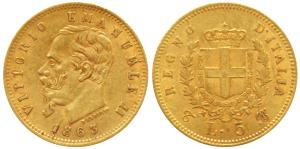 Italy, Vittorio Emanuele II, Gold 5 Lire, 1.5g, 1863, (KM 17). Extremely Fine, Rare.