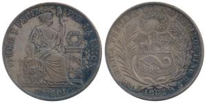 Peru, Silver Sol, 24.69g, Santiago Mint, 1882 (KM 196). About Extremely Fine.