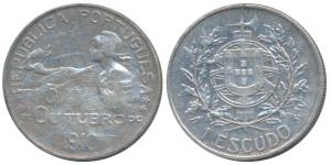 Portugal, Silver Escudo, 24.94g, Birth of the Republic, 1910 (KM 560). About Extremely Fin