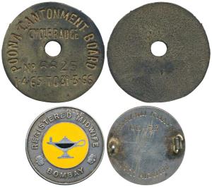 Registered Midwife, Bombay, Silver Badge, 8.8g, rev. named; Token, Poona Cantonment Board,