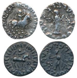 Indo-Scythians, Azes II, Silver Drachm (2), 1.99g1.15g, obv. king mounted on a horse to ri
