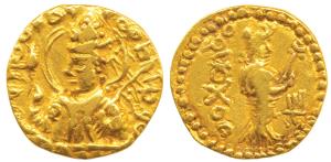 Kushanas, Huvishka (c. 152-192 AD), Gold Dinar, 6.38g, obv. nimbate and helmeted bust of t