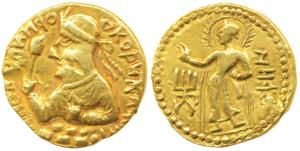 Kushanas, Huvishka, Gold Dinar, 7.7g, obv. crowned half-length bust of the king seated on 