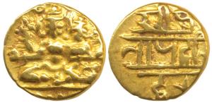 Vijayanagar Empire, Hari Hara II (1377-1404 AD), Gold ½ Pagoda, 1.68g, obv. Shiva-Parvati 
