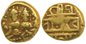 Vijayanagar Empire, Devaraya I, Gold Pagoda, 3.39g, obv. Shiva-Parvati seated, Siva holdin
