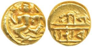 Vijayanagar Empire, Devaraya I, Gold Pagoda, 3.40g, obv. Shiva-Parvati seated, Siva holdin