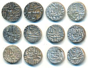 Akbar (AH 963-1014; 1556-1605 AD), Silver Mahmudi (6), Mulher Mint, AH 995 & 1025, with fl