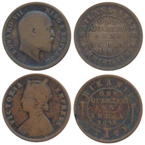 Copper ¼ Anna (2), Bikaner, Ganga Singh, with the name and portrait of Victoria, 1895 AD; 
