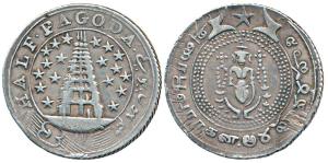Silver ½ Pagoda, 20.84g, 2nd issue, 1808, value in English and Persian on ribbon around Go