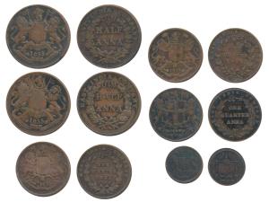 Copper ½ Anna (2); Copper ¼ Anna (3), 1835 and 1858; Bombay Presidency Pice, 1833. Very Fi