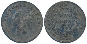 Victoria Queen, Silver 2 Annas, 1841, continuous legend, Bombay Mint, English Head, No ini