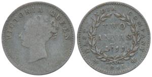 Victoria Queen, Silver 2 Annas, 1841, continuous legend, Bombay Mint, English Head, No ini