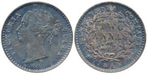 Victoria Queen, Silver 2 Annas, 1841, divided legend, Calcutta Mint, WW raised, 9 Berries 