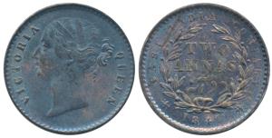 Victoria Queen, Silver 2 Annas, 1841, divided legend, Calcutta Mint, WW raised, 9 Berries 